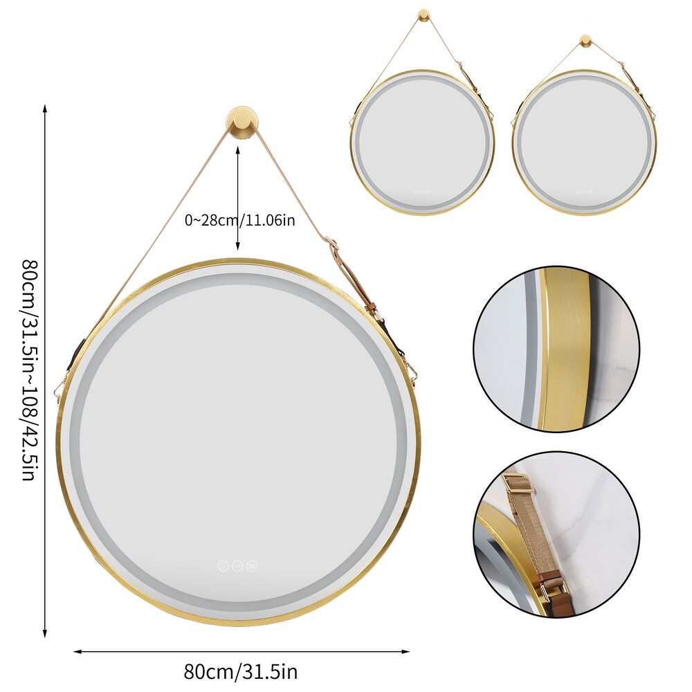 Large Round Framed LED Wall Bathroom Vanity Mirror with Hanging Strap