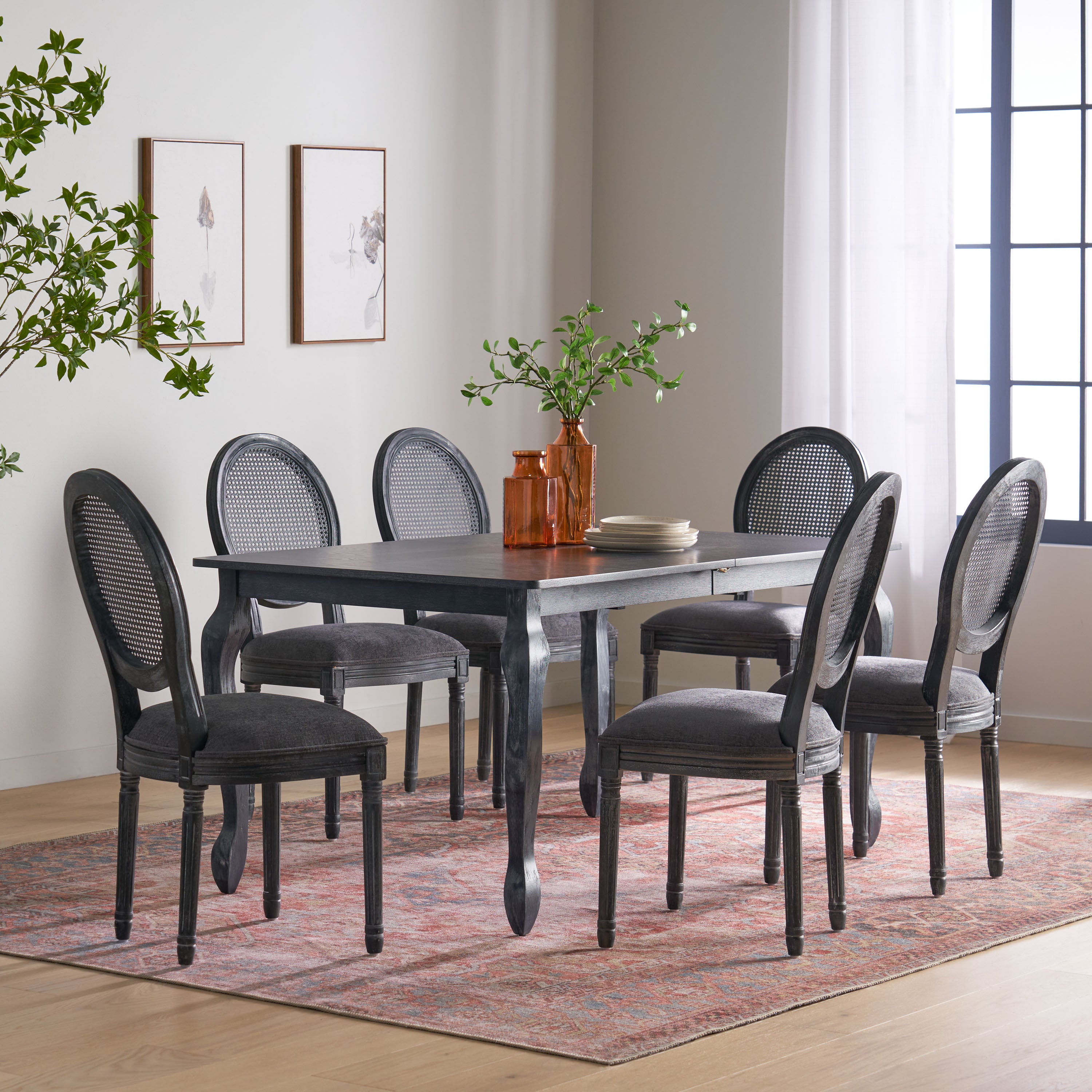 Midland French Country Upholstered Wood and Cane Expandable 7 Piece Dining Set