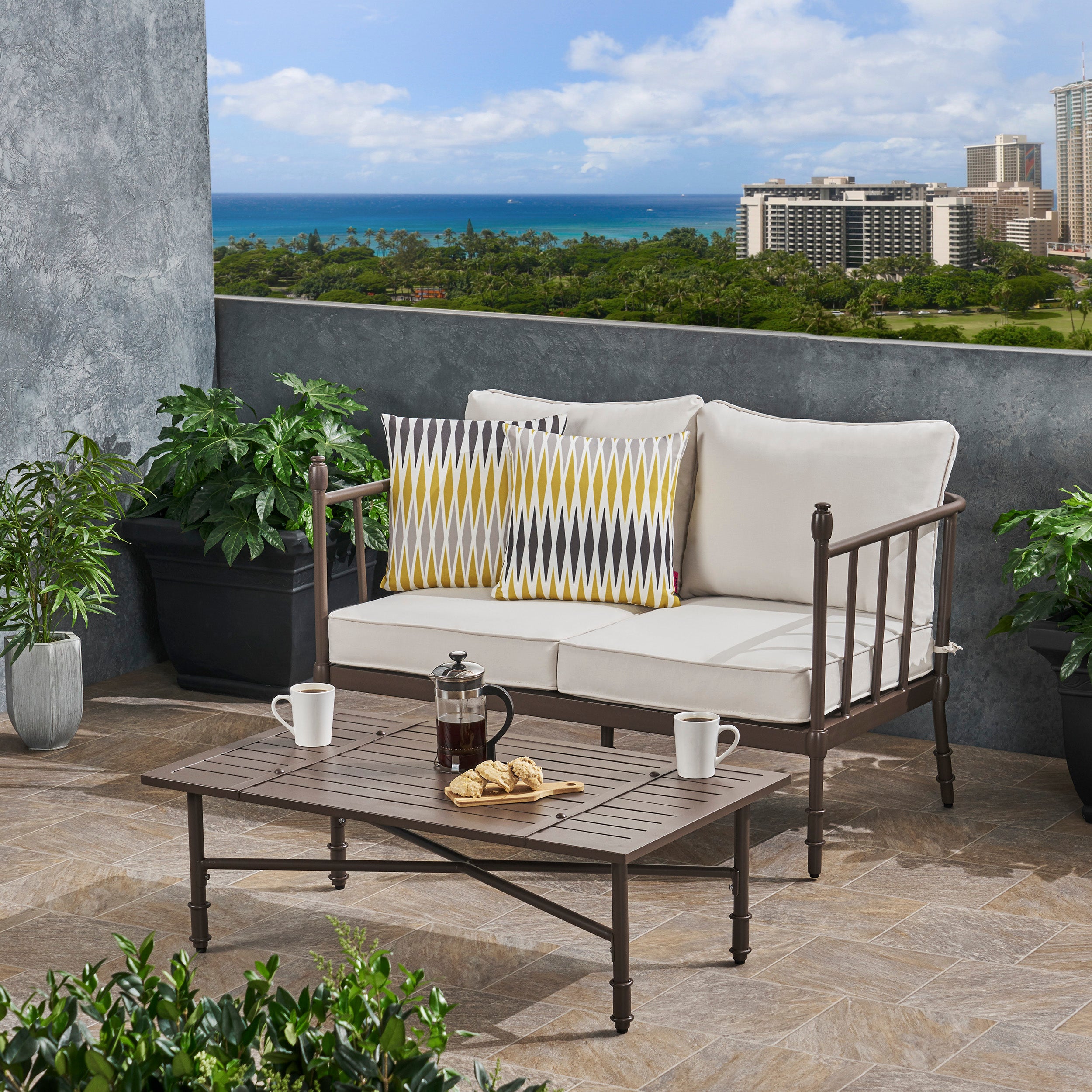 Francis Outdoor Aluminum Loveseat and Coffee Table with Cushions