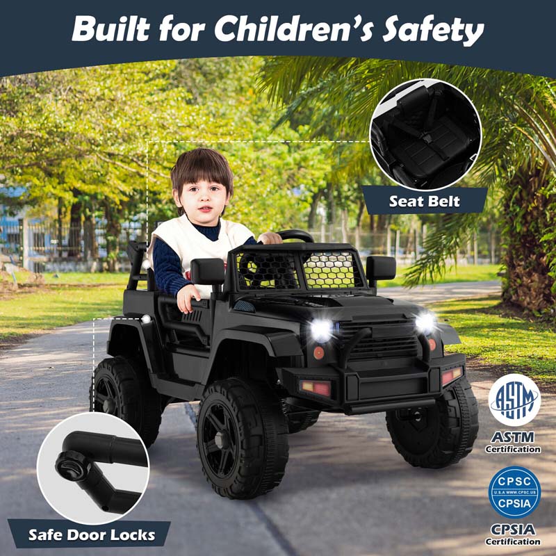 12V Kids Ride On Truck Car Battery Powered Electric Vehicle RC with Mesh Windshield & Bright Headlights