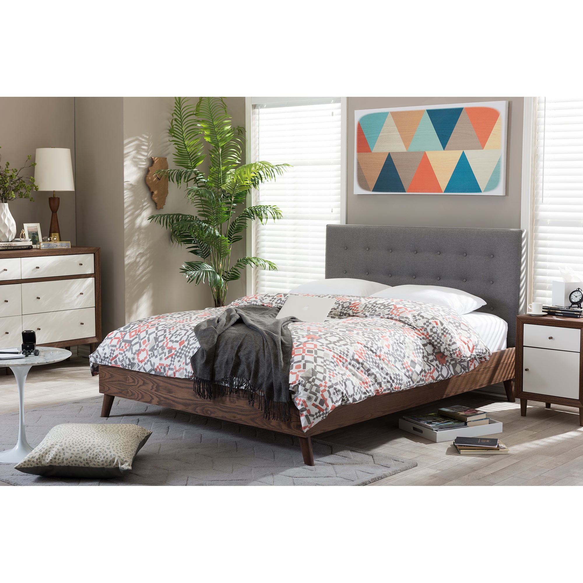 Baxton Studio Alinia Gray Fabric Upholstered Walnut Queen Size Platform Bed