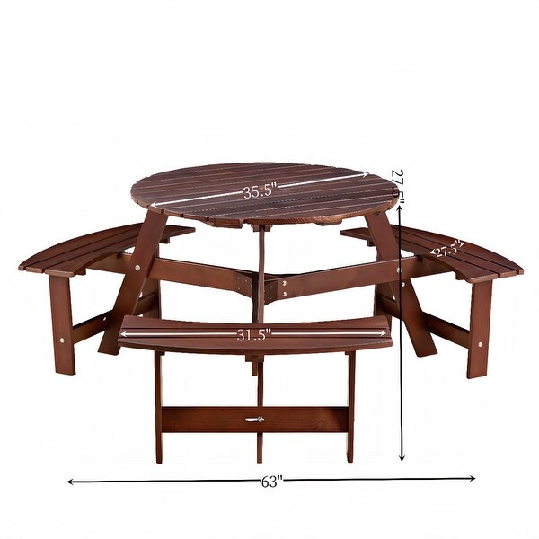 6 Person Outdoor Picnic Table with Bench，Round Pinic Table w/ 3 Bulitin Benches and Umbrella Hole，Outside Table and Bench Set