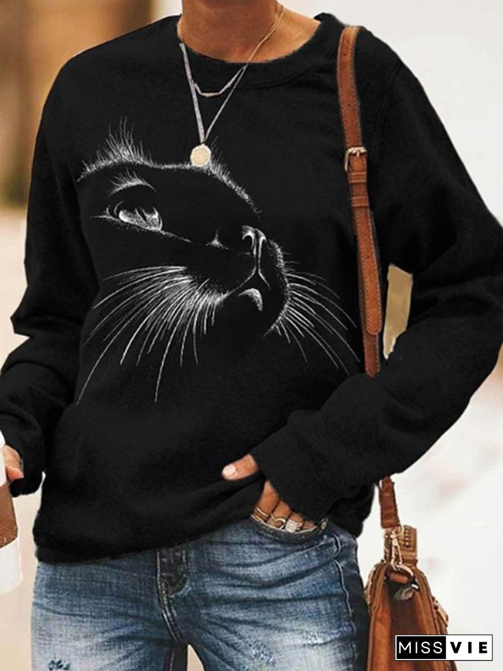 Women'S T-Shirts Casual Cat Print Long Sleeve T-Shirt