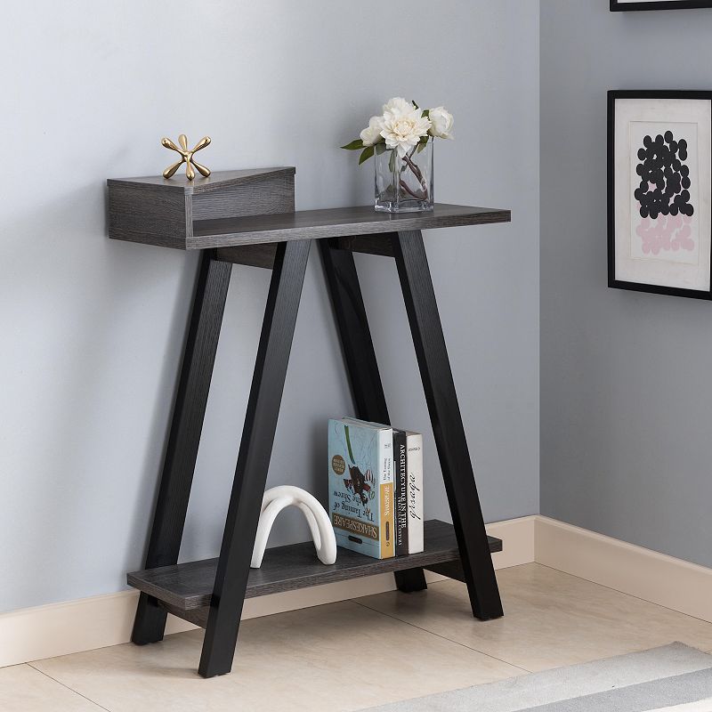 FC Design Distressed Grey and Black A-Shape Leg Console Table with Bottom Shlef