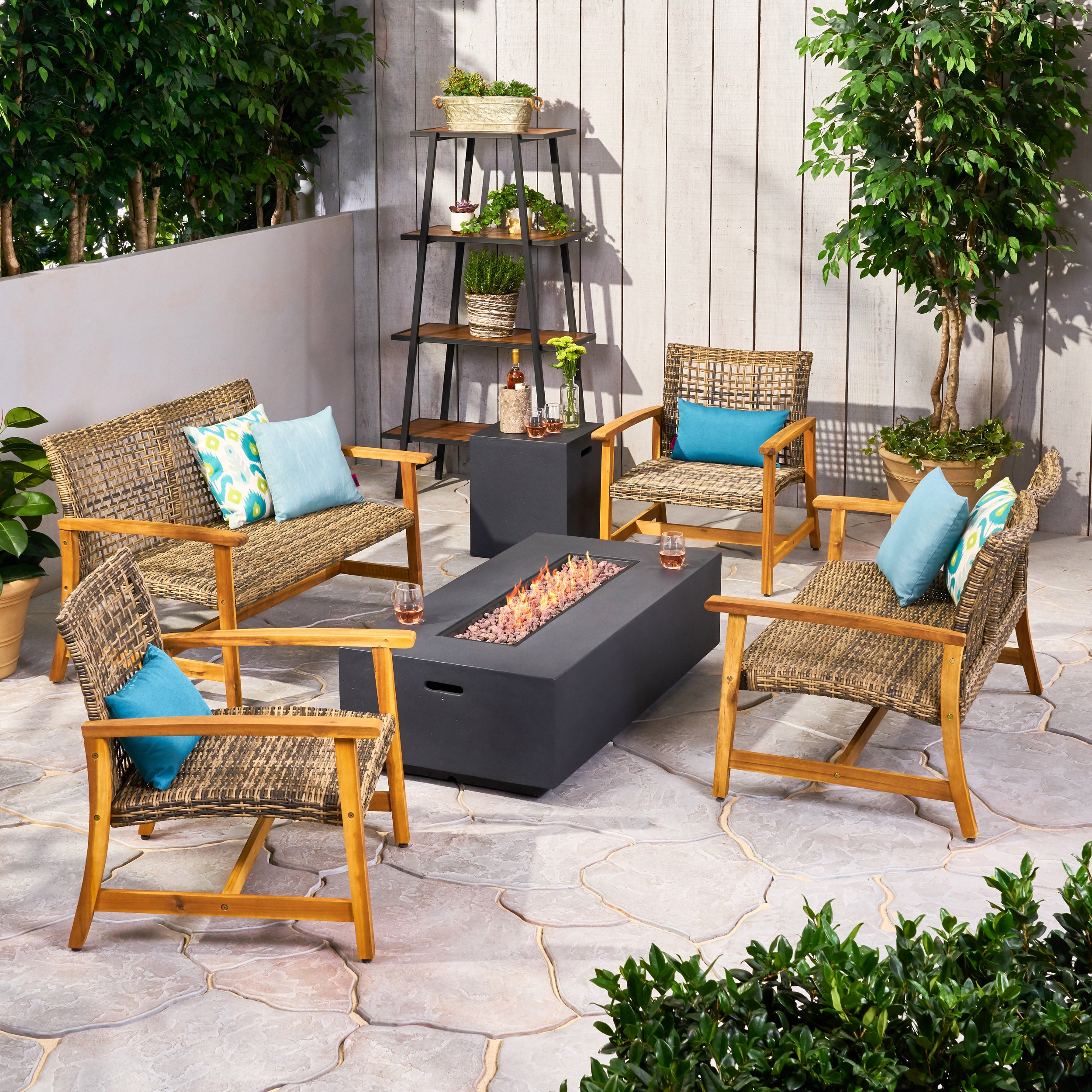 Tabby Outdoor 6 Seater Wood and Wicker Chat Set with Fire Pit