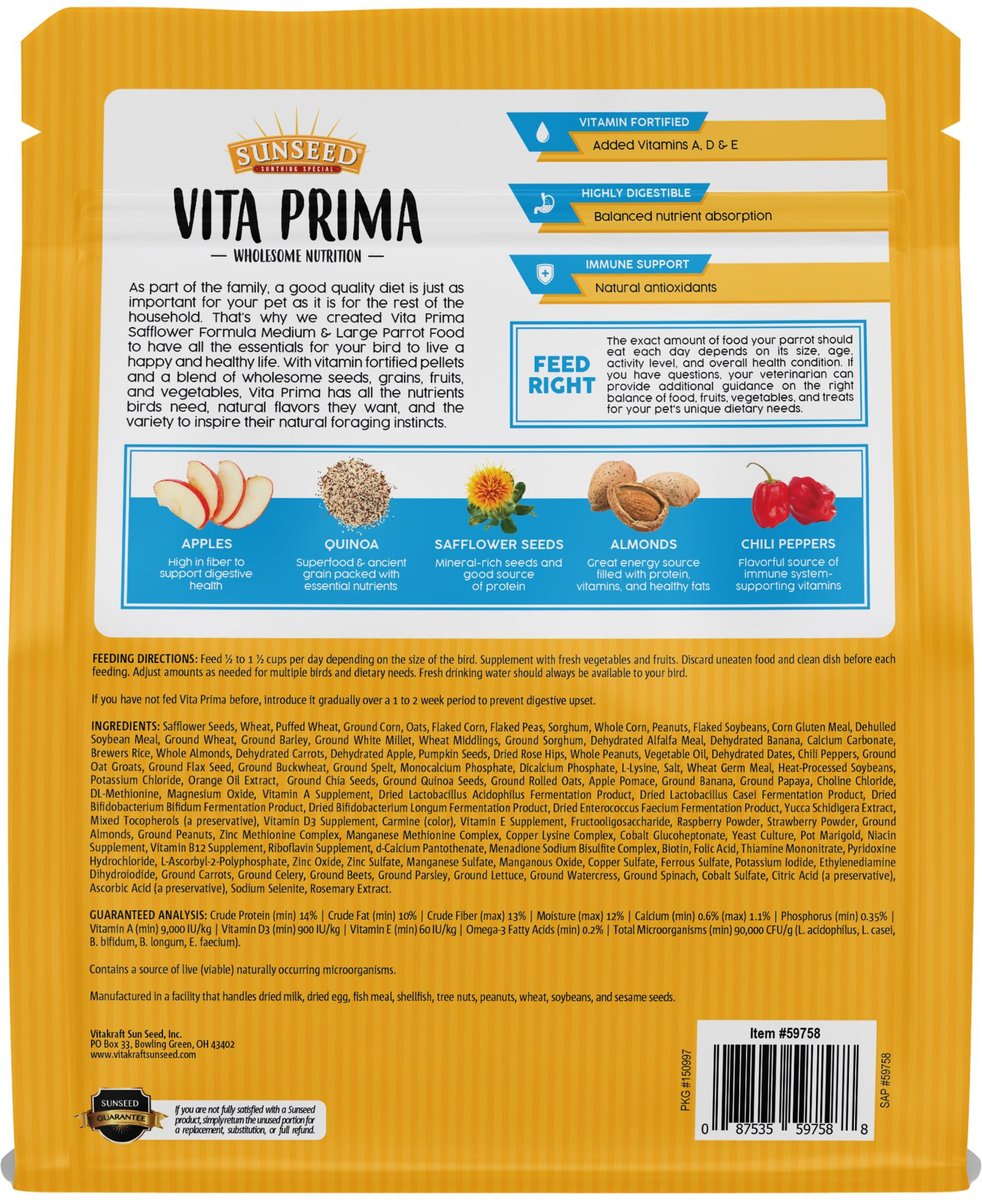 Sunseed Vita Prima Safflower Formula Medium and Large Parrot Food， 4-lb bag