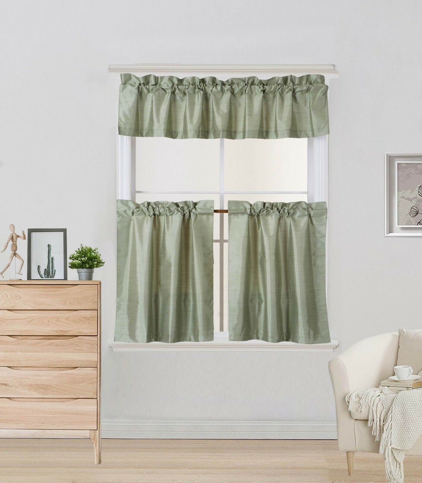 Luxury 3 piece Kitchen Curtain Sage green Color K4 Includes 1 Valance and 2 Tiers with Rod Pocket Style blackout panels short window