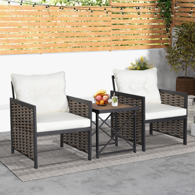 Costway 3 Pcs Patio Rattan Furniture Set Acacia Wood Coffee Table amp 2 Chairs Backyard