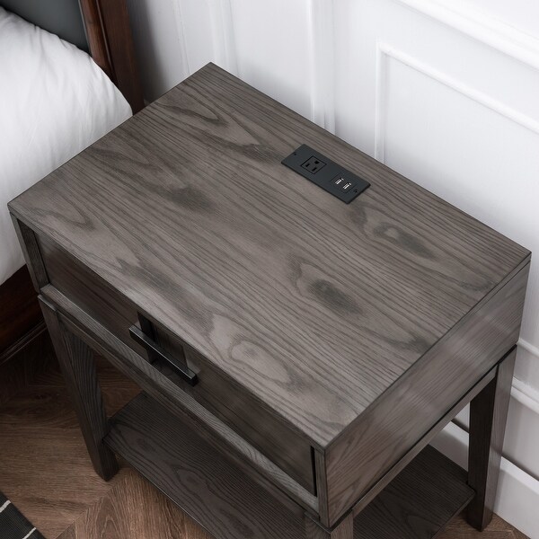 Oak Recessed Drawer Nightstand/Side Table with Top AC/USB Charger