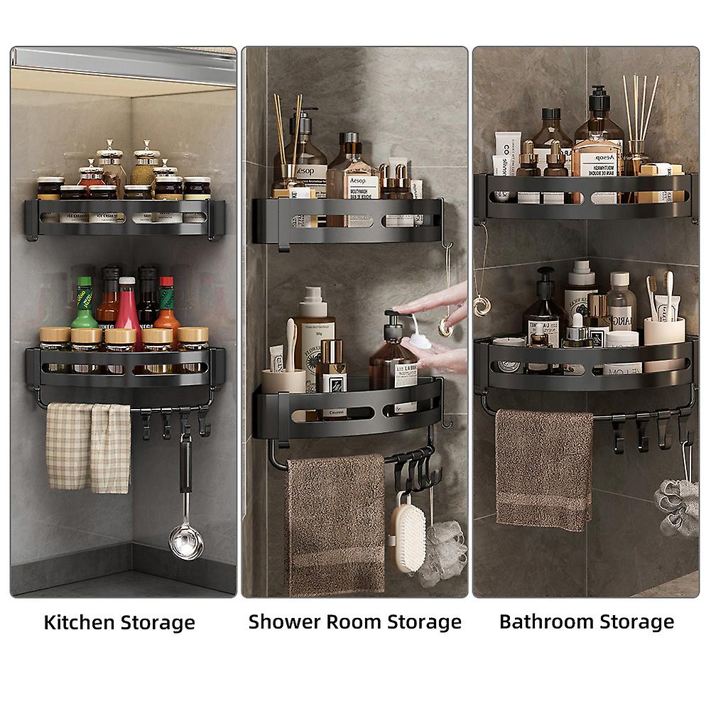 Bathroom Kitchen Shelf， Adhesive Or Screws Wall Mounted Shower Shelving With 8 Movable Hooks， Hydronalium Rust-free Space-aluminum Storage Organizer，