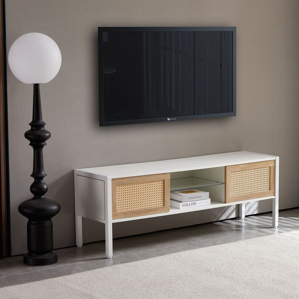 Rattan TV cabinet with variable color light strip AND metal legs