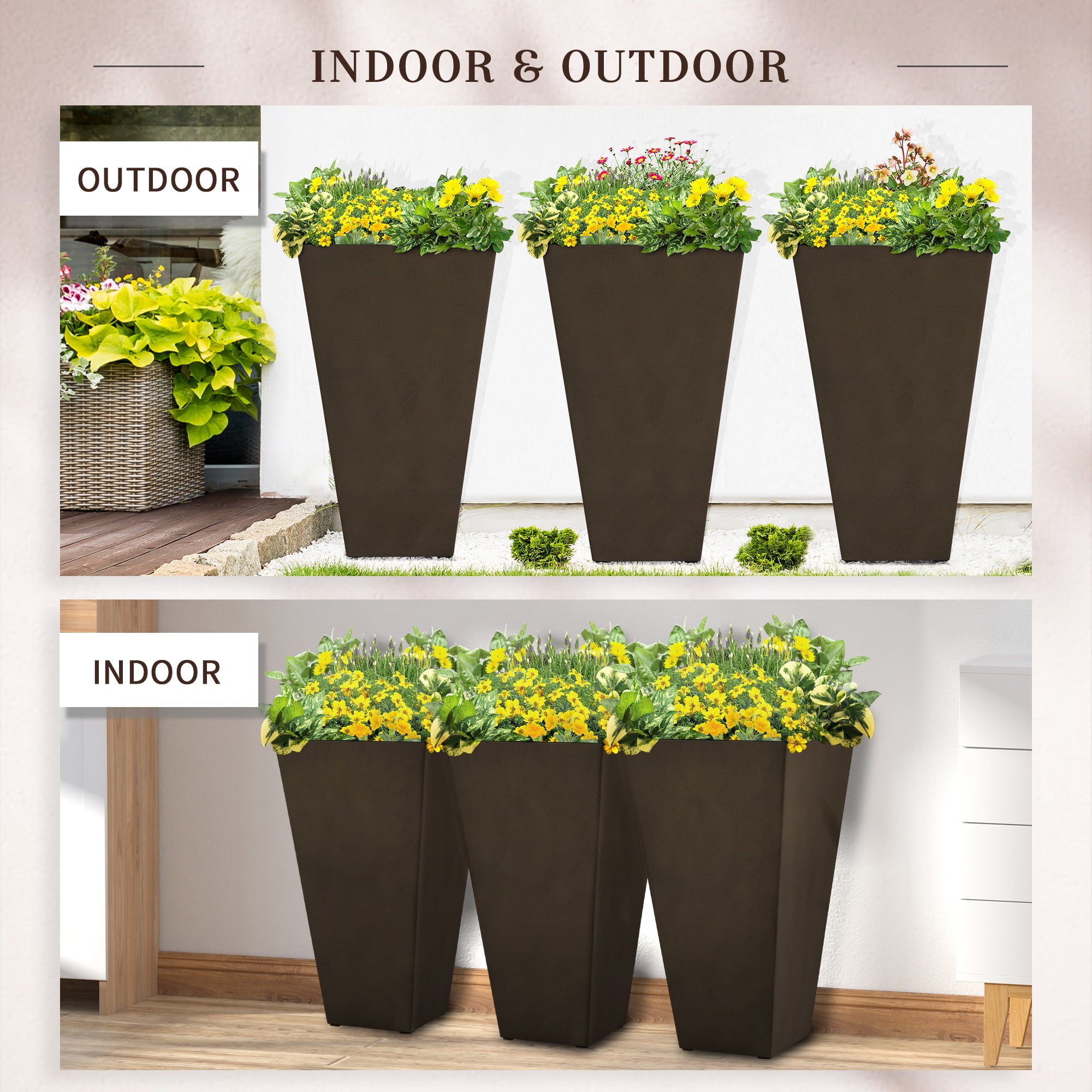 Outsunny 28" Tall Plastic Planters, 3-Pack, Large Taper Outdoor & Indoor Plastic Garden Flower Pots, for Entryway, Patio, Yard, Brown