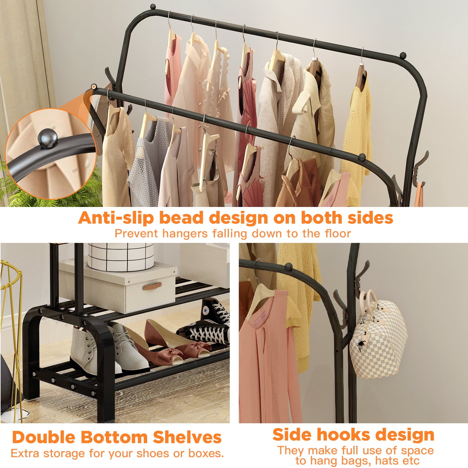 WELHOME Clothing Garment Rack Heavy Duty Freestanding Metal Clothes Stand Double Rail 8 Hangers 2 Shoe Shelves, Black