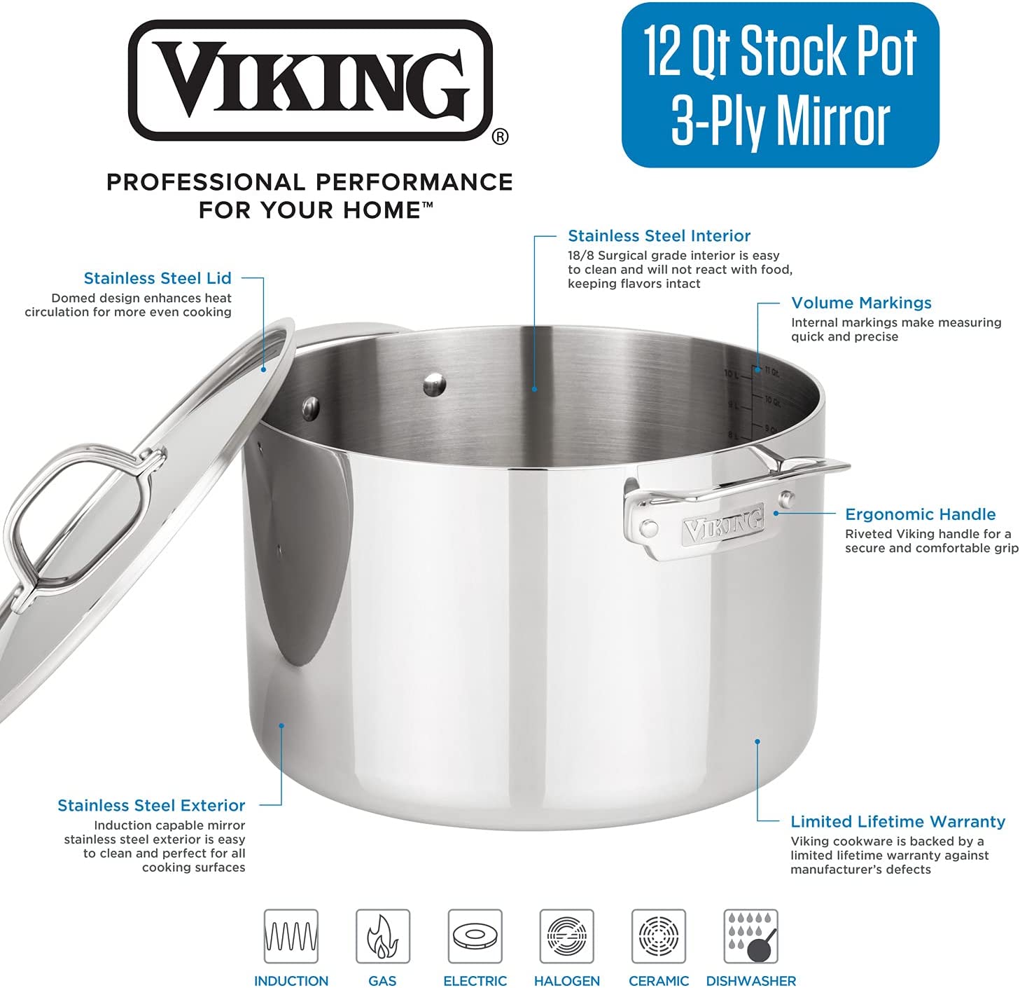 Viking 3-Ply Stainless Steel Stock Pot， 12 Quart