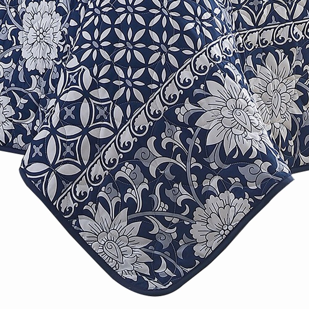 Ann 6 Piece King Size Polyester Quilt Set  Flowers  Reversible  Navy Blue