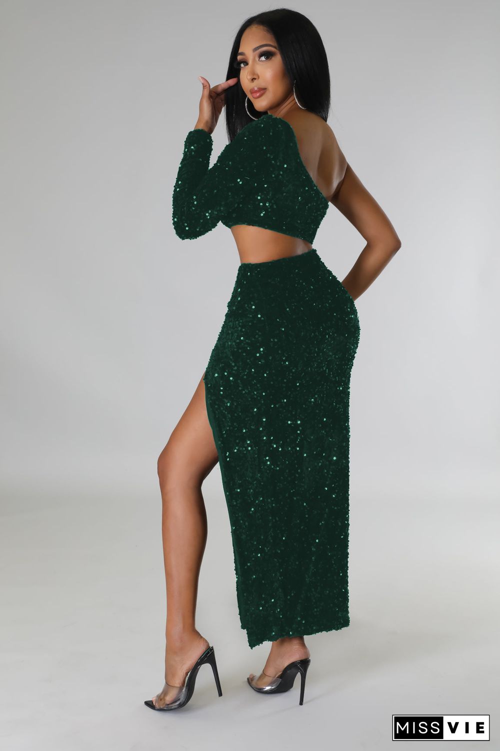 Diagonal Collar Hollow Long Sleeve High Slit Sequined Sexy Dress