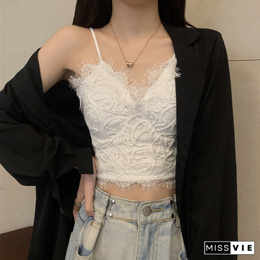 New Sexy Tank Top Lace Halter Crop Tops Women Summer Camis Backless Camisole Fashion Casual Tube Female Sleeveless Cropped Vest