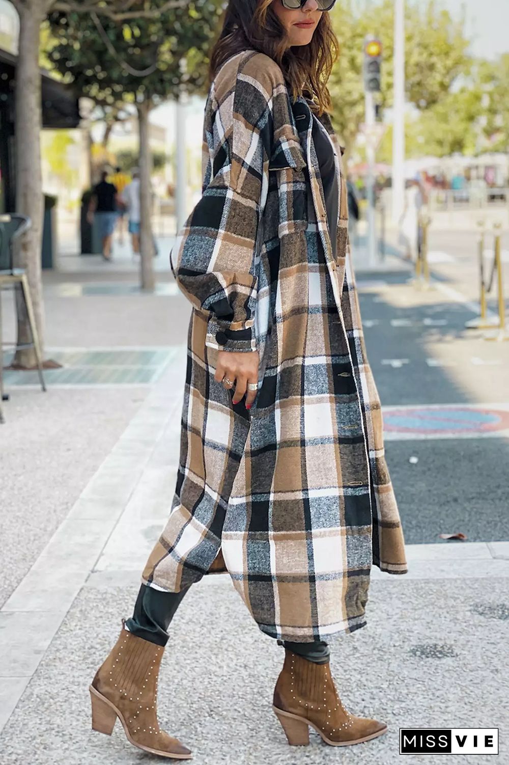 KarliDress Lapel Plaid Print Woolen Long Coat P12611