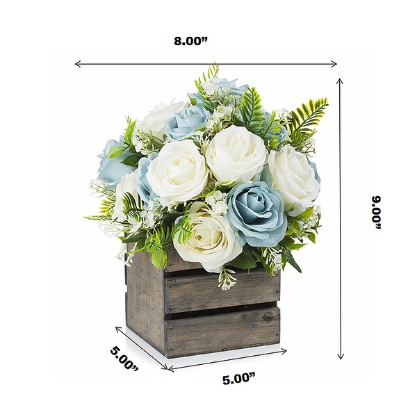 Enova Home 18 Heads Mixed Artificial Silk Roses Fake Flowers Arrangement with Wood Planter for Home Office Wedding Decoration