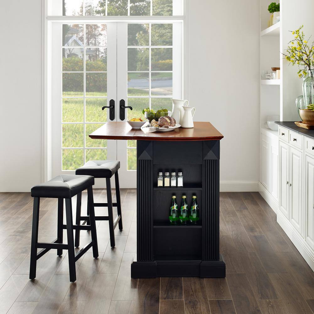 CROSLEY FURNITURE Coventry Black Drop Leaf Kitchen Island with Saddle Stools KF300074BK