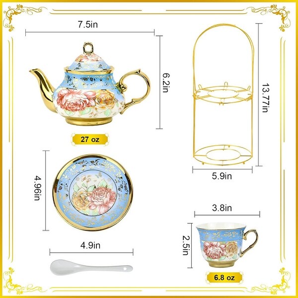 20 Pieces Porcelain Chinese Tea Set With Holder，Painting，Sky Blue