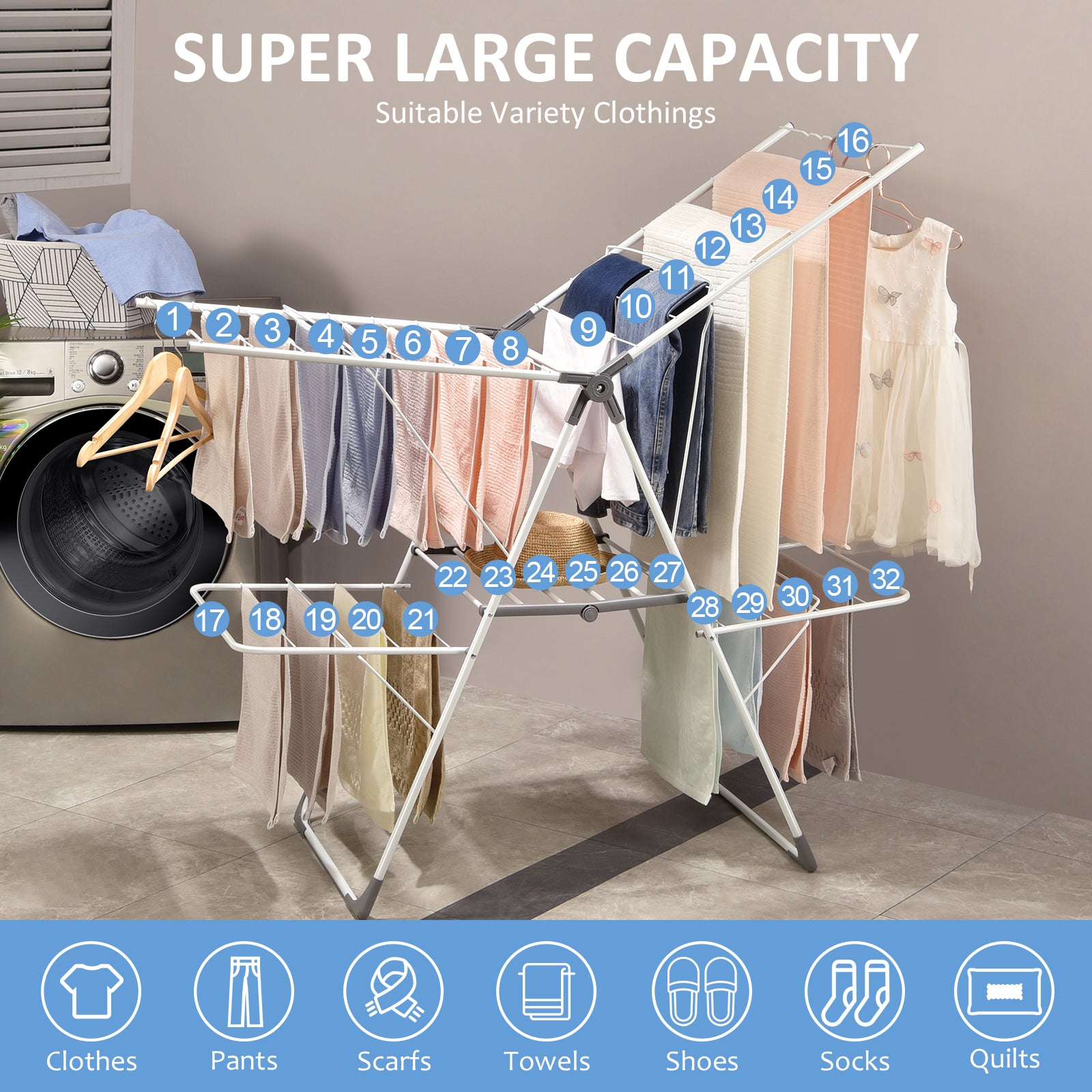 Kingrack Clothes Drying Rack, 2-Tier Foldable Large Dry Rack, Height-Adjustable Gullwing for Indoor Clothes Drying Hanger, White