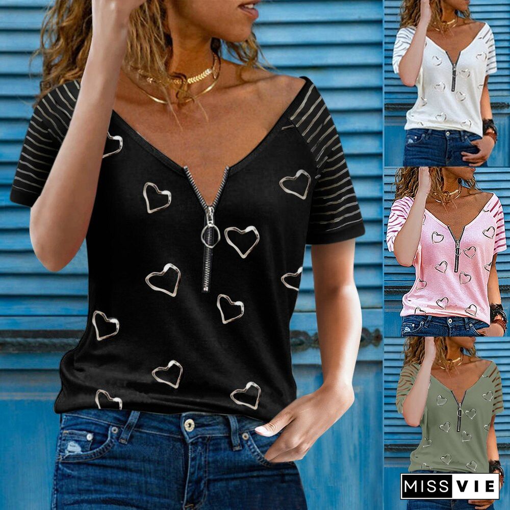 Women Zipper Up Heart Print V-Neck Tops Vintage Summer Short Sleeve Shirt Loose Pullover T-Shirt Casual Streetwear Tshirt D30