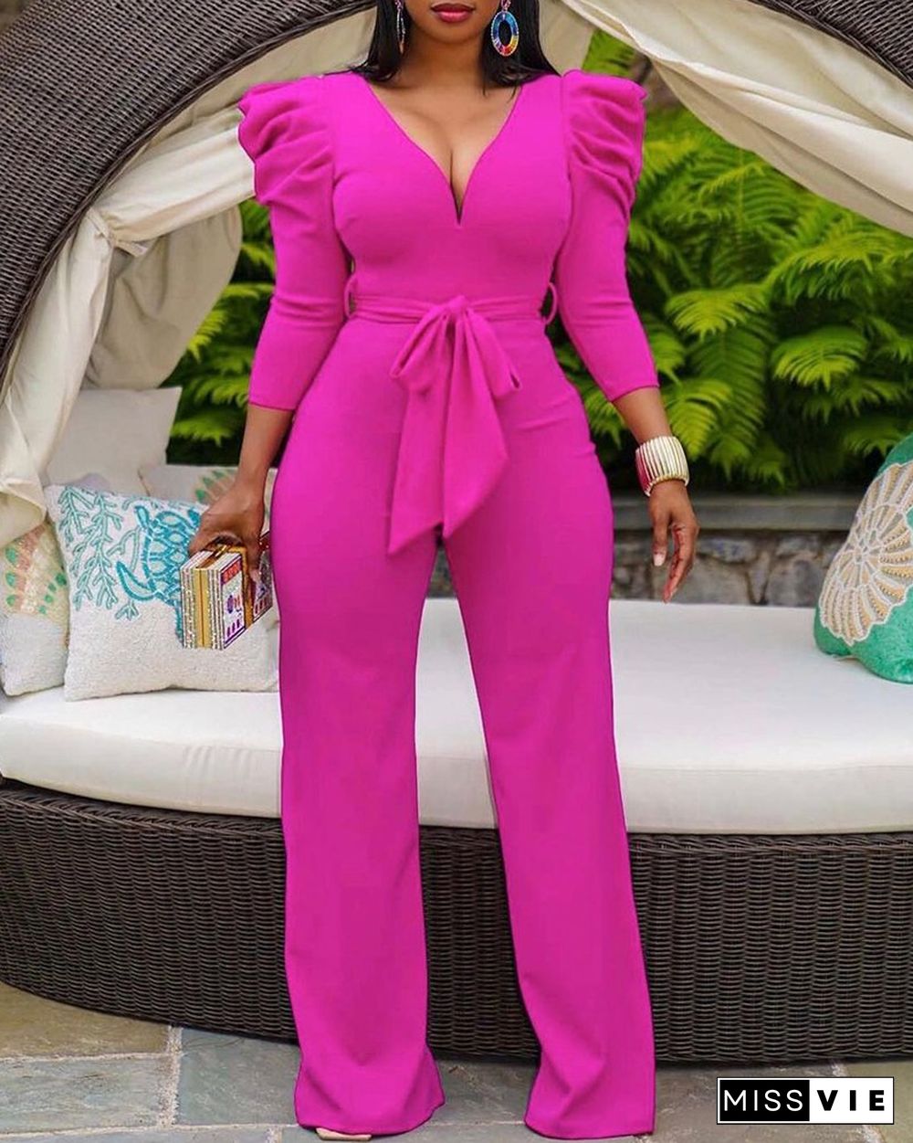 Gigot Sleeve Tied Detail V-Neck Jumpsuit