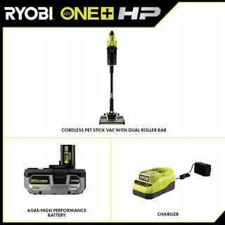 RYOBI ONE+ HP 18V Brushless Cordless Pet Stick Vac with Kit with Dual-Roller 4.0 Ah HIGH PERFORMANCE Battery and Charger PBLSV717K