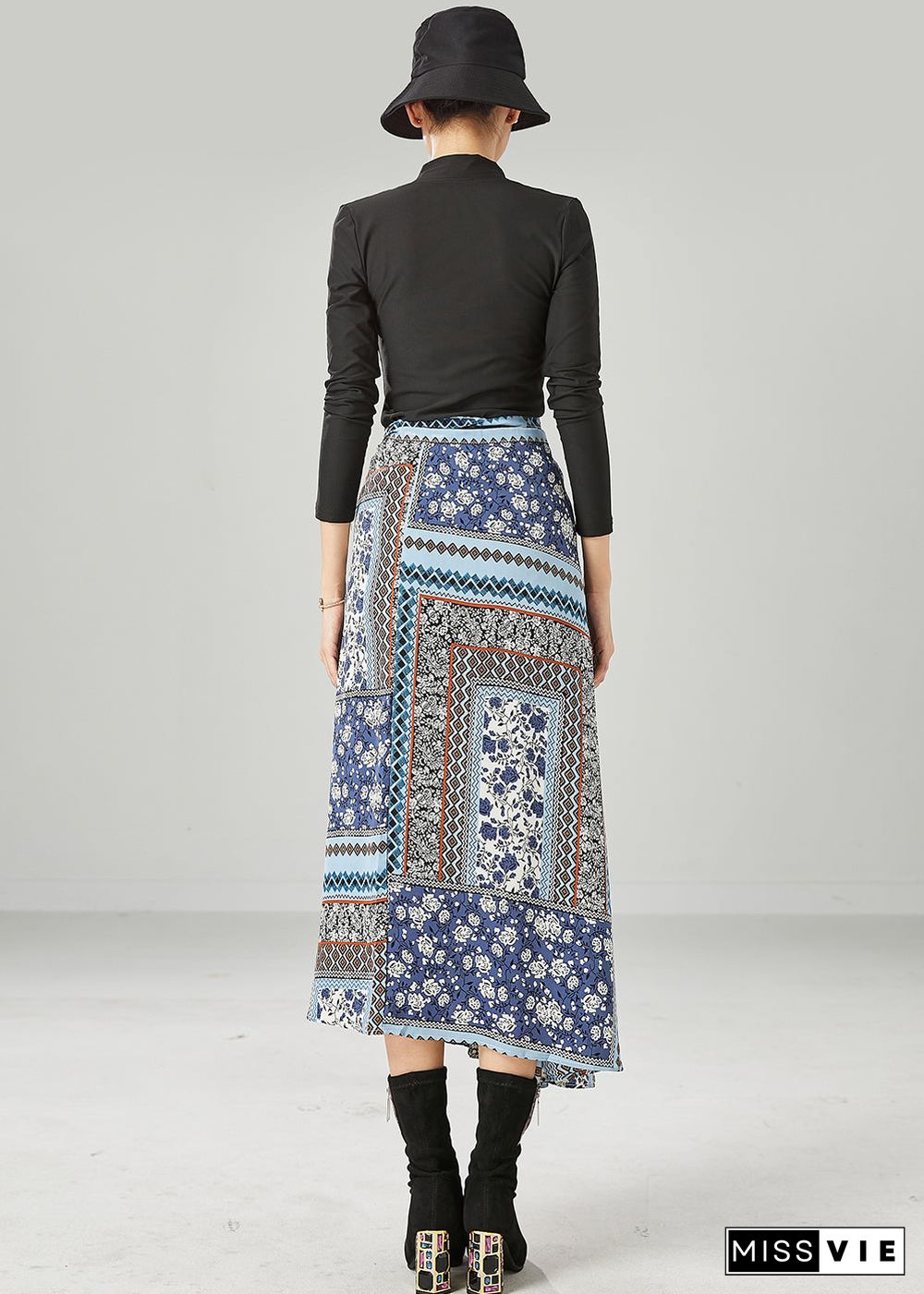 Style Blue Print Asymmetrical Design Chiffon Skirt Summer