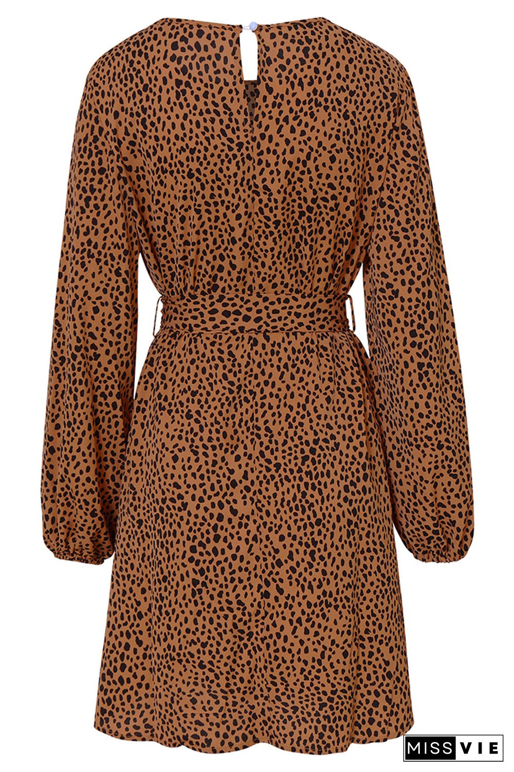 Leopard Print Waist Belt Long Sleeves Mini Dress