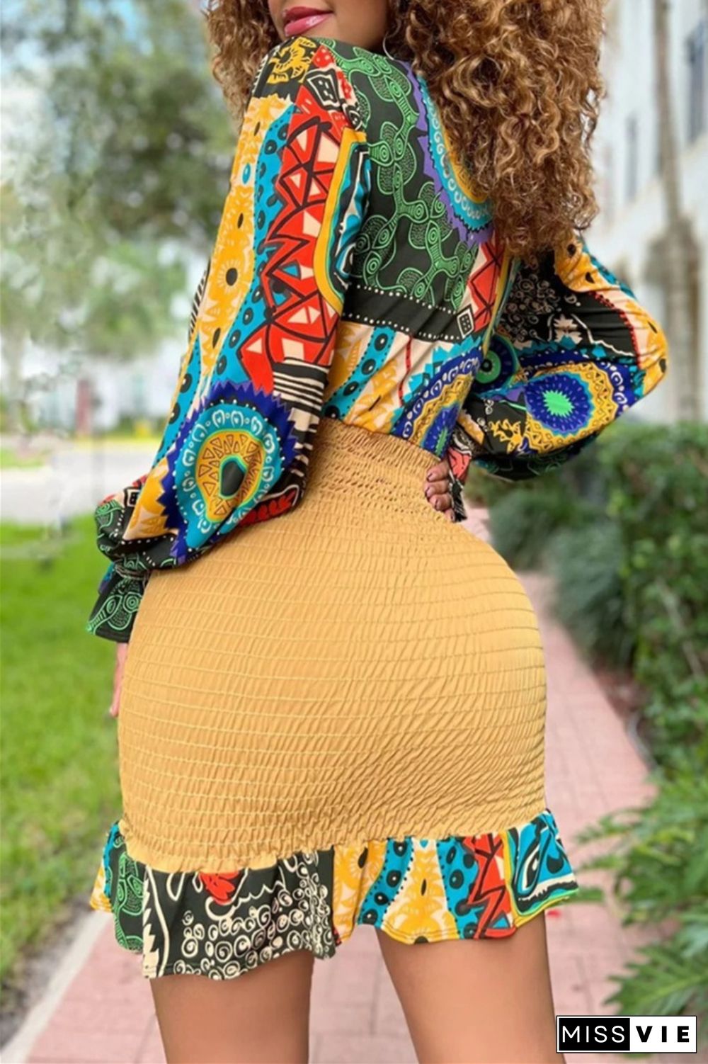 Casual Print Patchwork V Neck Long Sleeve Dresses