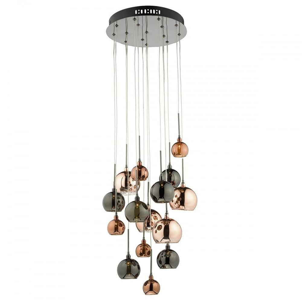 DAR AUR1564 Aurelia Black Chrome 15 Lamp Cluster Pendant with Copper Glass