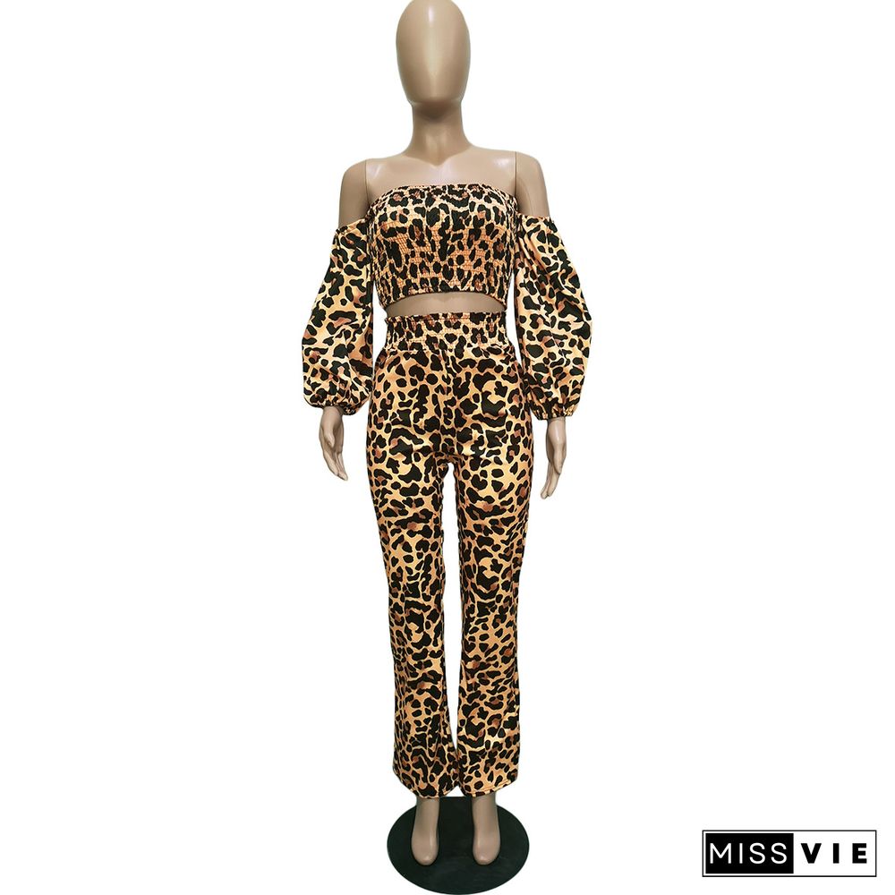 Leopard Print Off Shoulder Crop Top Wide Leg Pants Set