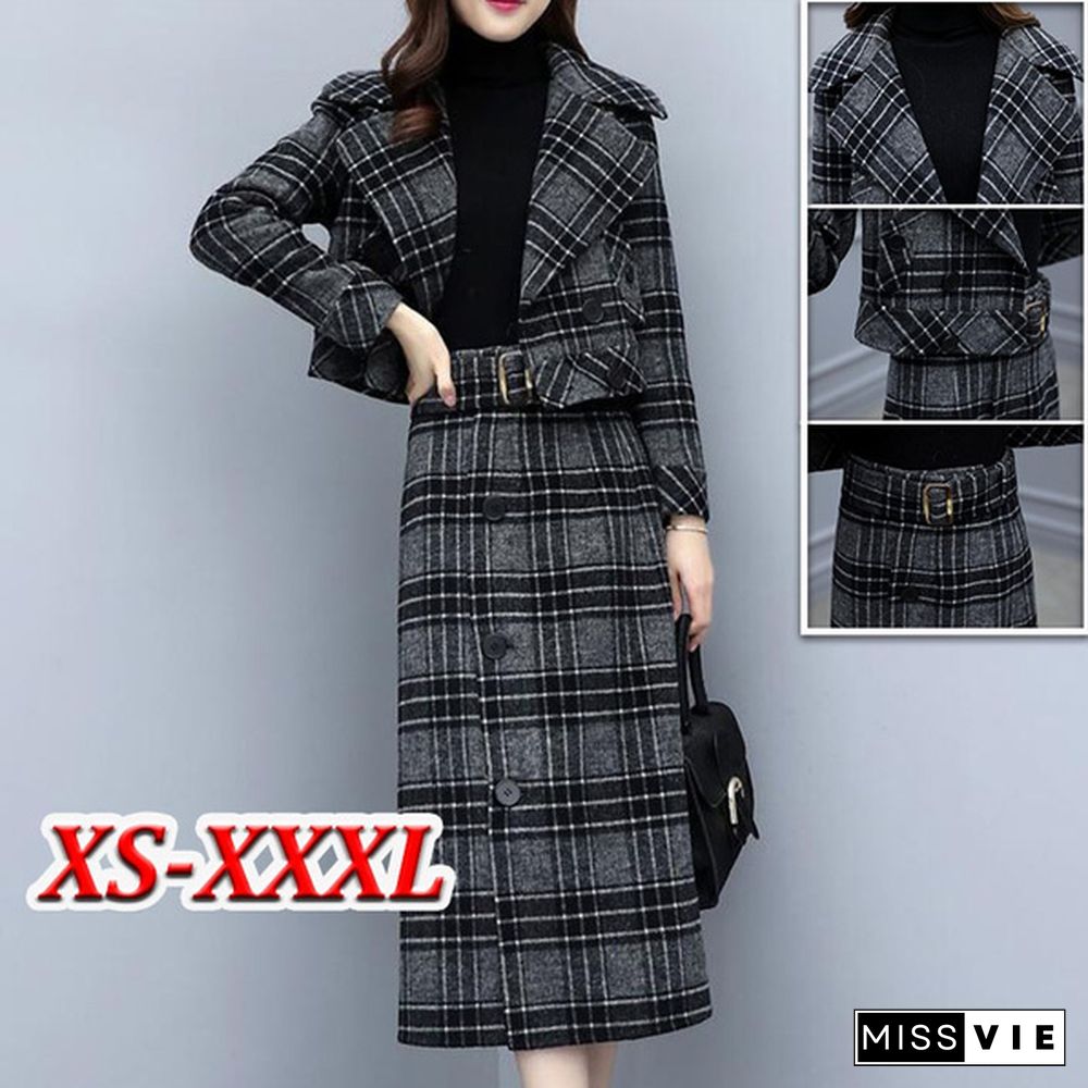 Xs-3Xl Two Piece Sets Short Blazer + Midi Skirt Ladies Work Long Skirt Suits Womens Grey Plaid Skirt Outfits Female Business Suits