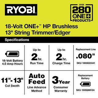 RYOBI ONE+ HP 18V Brushless 13 in. Cordless Battery String Trimmer with 4.0 Ah Battery and Charger P20120