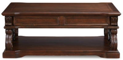 Signature Design by Ashley Alymere Traditional Lift Top Coffee Table, Hand-Finished with 2 Storage Drawers and Fixed Floor Shelf, Dark Brown