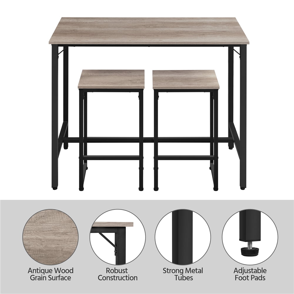 Easyfashion Dining/Bar/Kitchen Table Set with 2 Backless Stools, 35.4 in Height, Gray