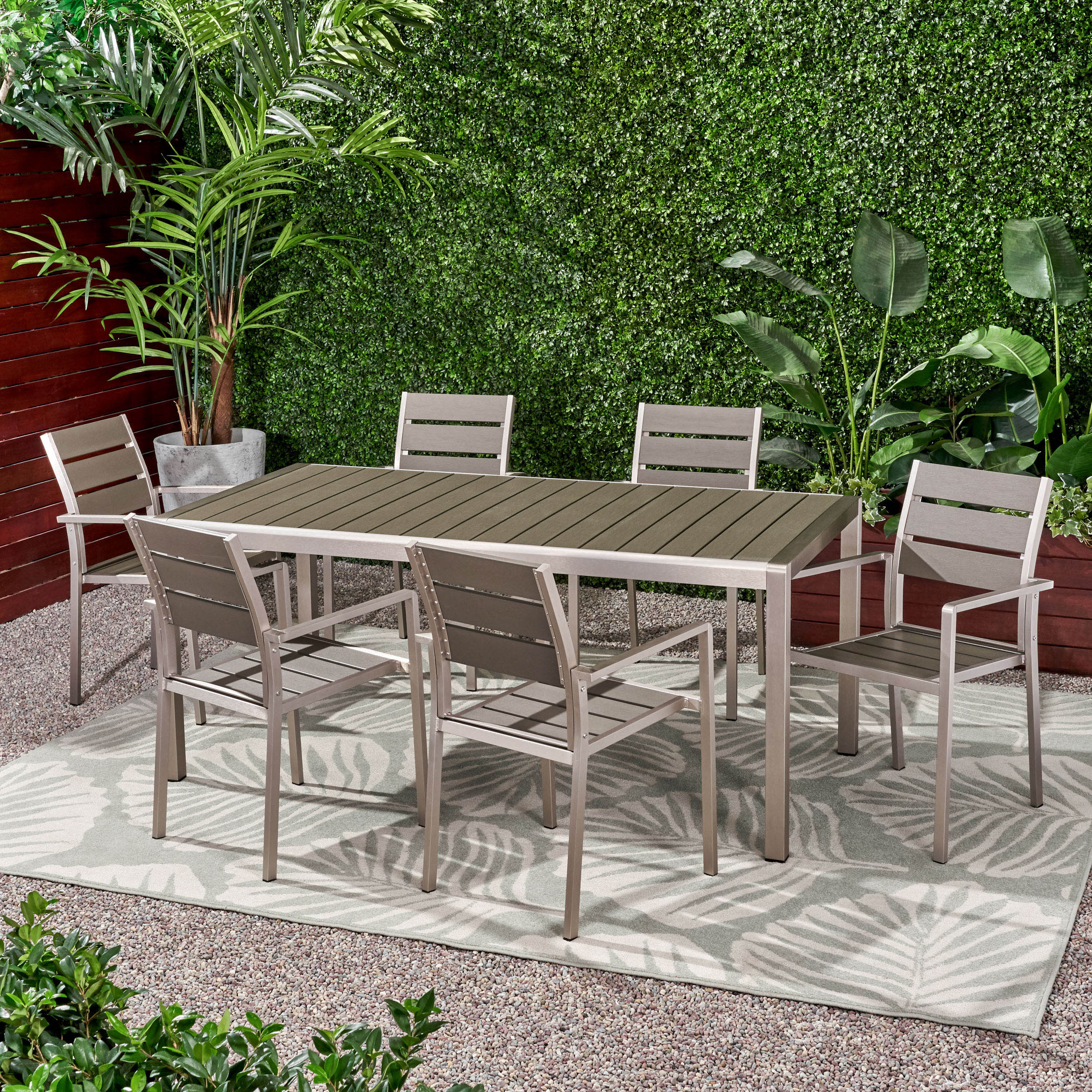 Cherie Outdoor Modern Aluminum and Faux Wood 6 Seater Dining Set