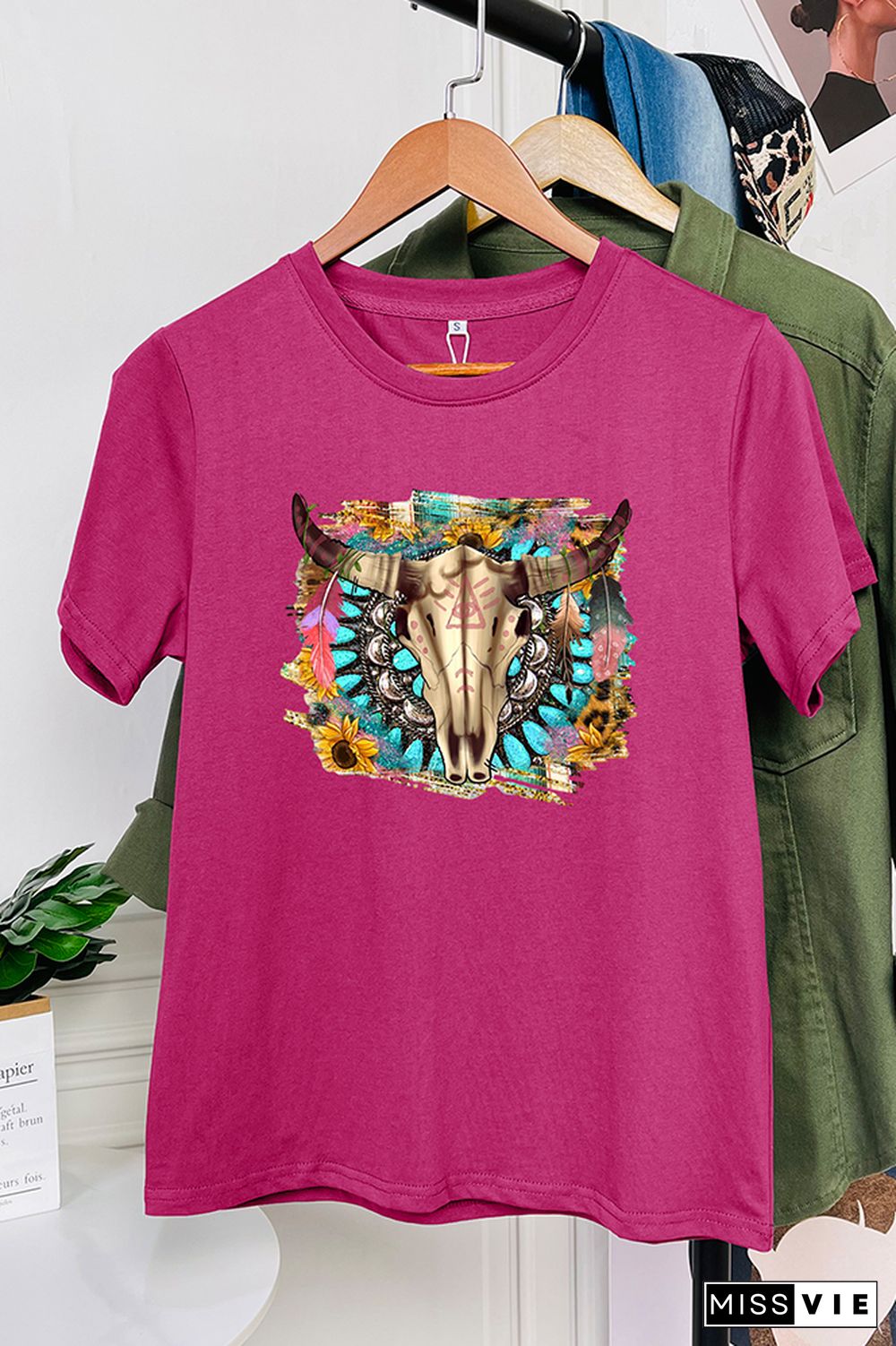 Western Boho Skull Pngturquoise And Leopard Short Sleeve Graphic Tee Wholesale