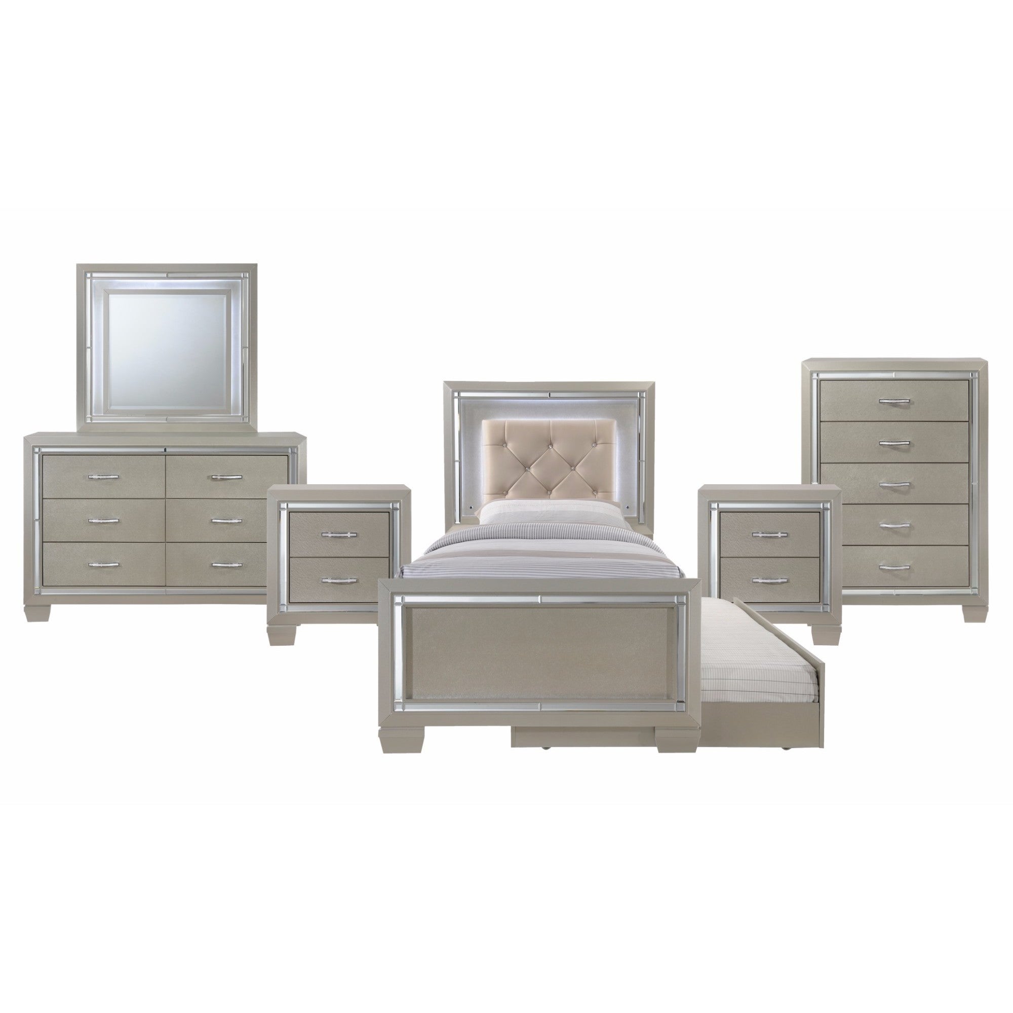 Silver Orchid Odette Glamour Youth Twin Platform w/ Trundle 6-piece Bedroom Set - - 22021649