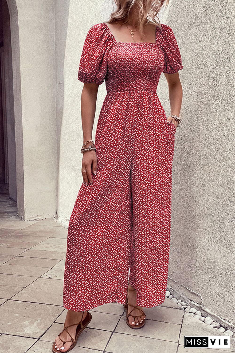 Printed Squared Neck Smocked Puff Wide Leg Jumpsuit