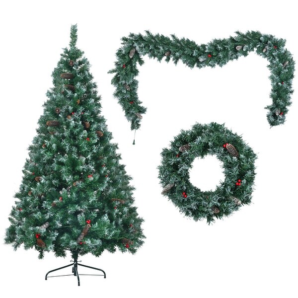 6FT Dark Green Pine Christmas Tree，PreLit Set with White Tips，Red Berries and Pine Cones，11 Colorful Modes