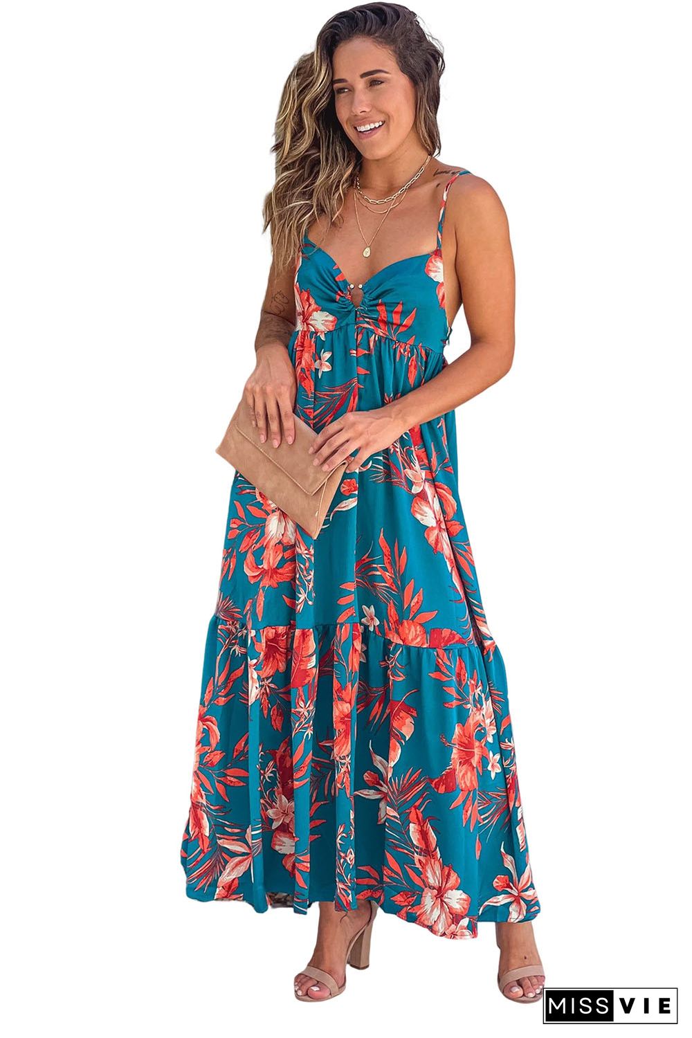 Sky Blue Strappy Open Back Floral Maxi Dress