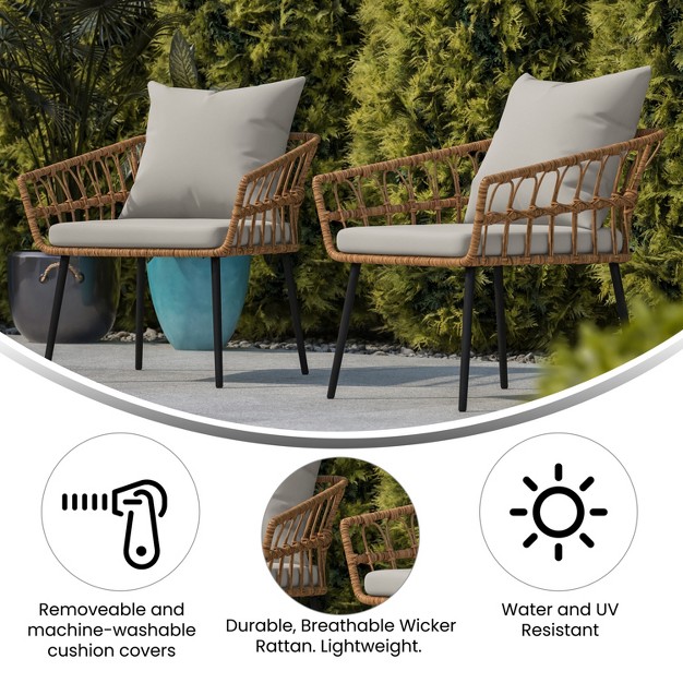 Flash Furniture Evin Set Of 2 Boho Indoor outdoor Rope Rattan Wicker Patio Chairs With All weather Cushions