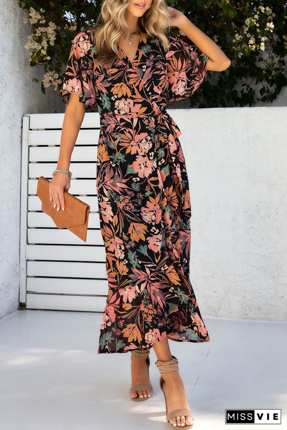 Black Floral Print Knotted Wrapped V Neck Maxi Dress