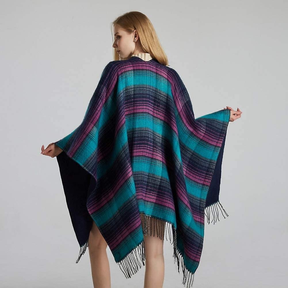 Women's Tassel Plaid Poncho Pashmina Shawl Wrap Cape Sweater Purple -