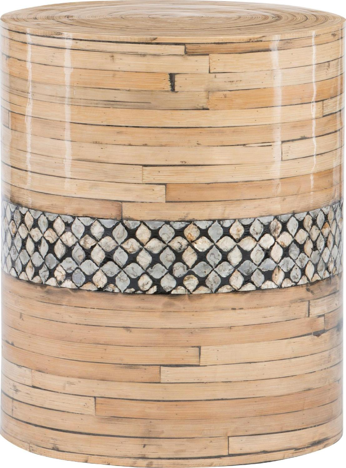 Linon Dahlia Drum Accent Side Table， Natural Bamboo Finish with Opalescent Capiz Shell Accents