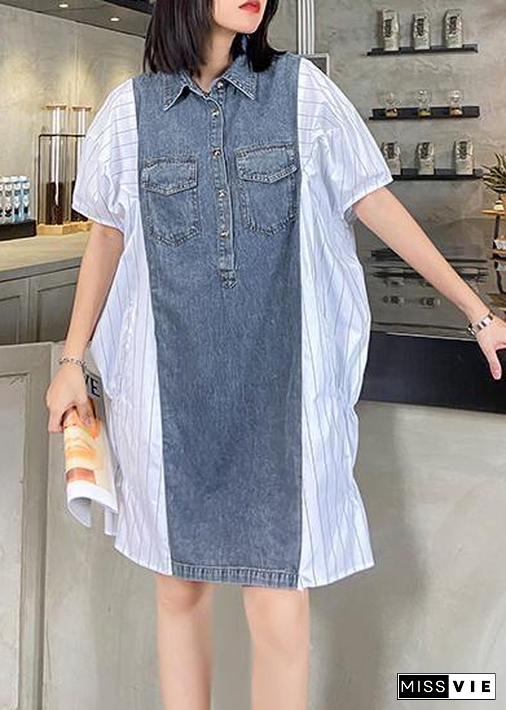 Style lapel quilting dresses Runway white striped patchwork denim Dresses