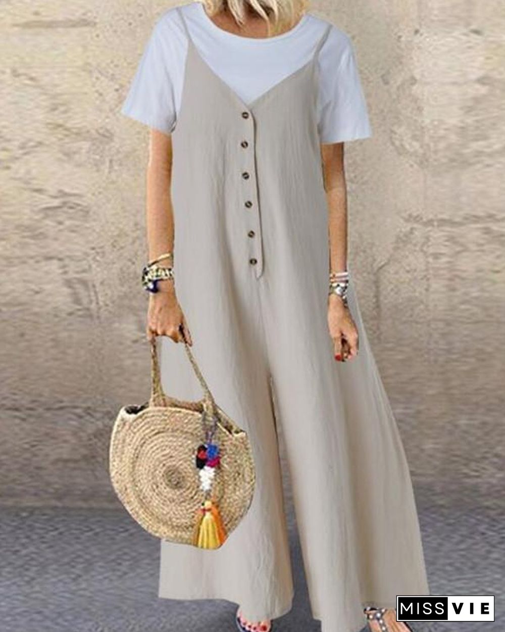 Solid Round Neck Short Sleeves Casual Vacation Jumpsuit